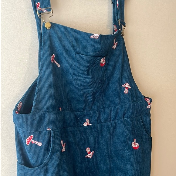 Cider Corduroy Overalls Mini Dress Blue with Embroidered Red Mushrooms w Pockets - Picture 2 of 7